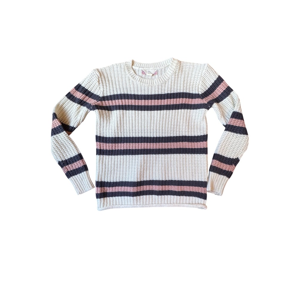 Pink Rose Striped Knit Sweater Pullover Cream Pink Navy Size S